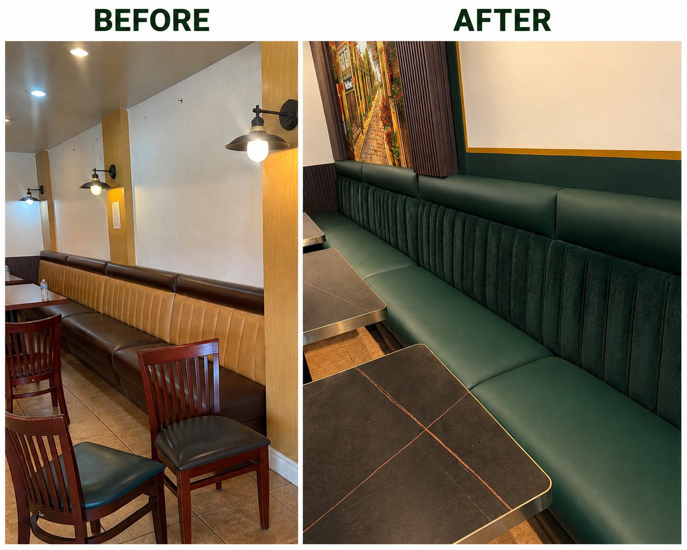 Before and after reupholstery of a restaurant booth